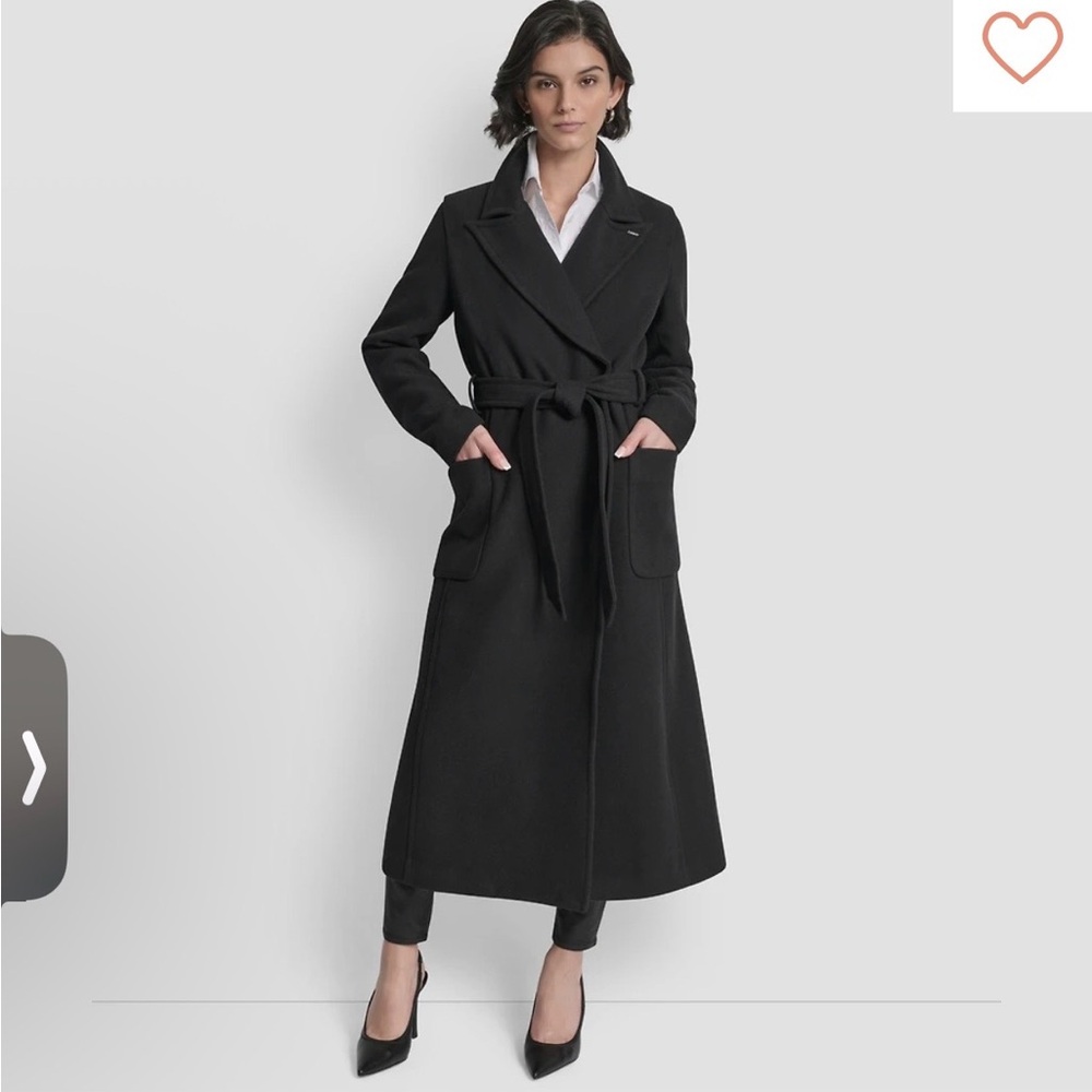 DKNY Elegant Black Long Wrap Robe Coat